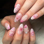 30Pcs Pink Press on Nails Medium Almond Fake Nails with 3D Flowers Pearl Designs Gold Flower False Nails Pink Gradient Acrylic Nail Tips Peach Blossoms Full Cover Stick on Nails for Women