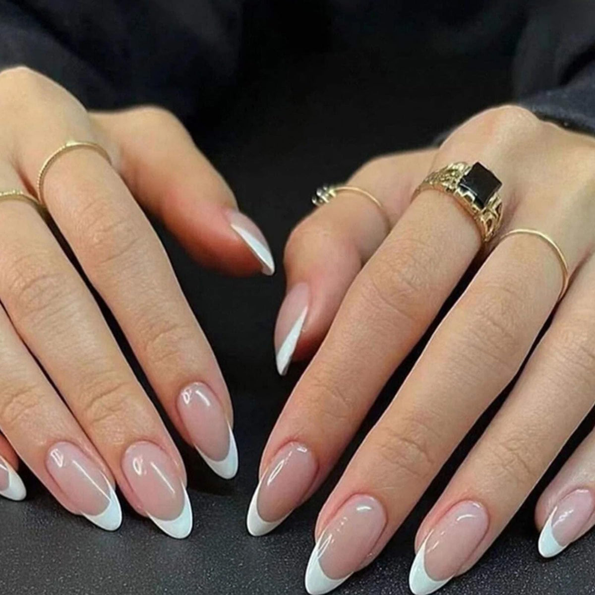 French Tip Press on Nails Almond Medium Fake Nails with Cat Eye Stars Designs Nails Press ons Gold Nude Glue on Nails Natural Artificial Nails Cute Stick on Nails for Women 24Pcs