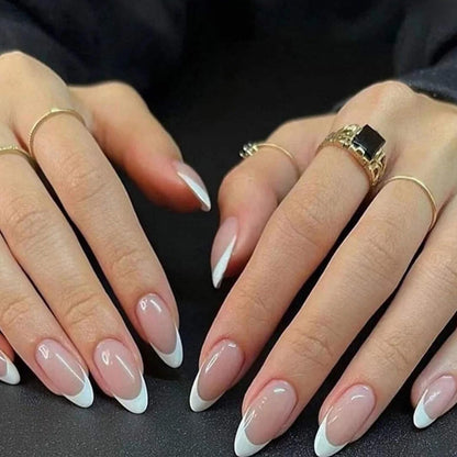 French Tip Press on Nails Almond Medium Fake Nails with Cat Eye Stars Designs Nails Press ons Gold Nude Glue on Nails Natural Artificial Nails Cute Stick on Nails for Women 24Pcs