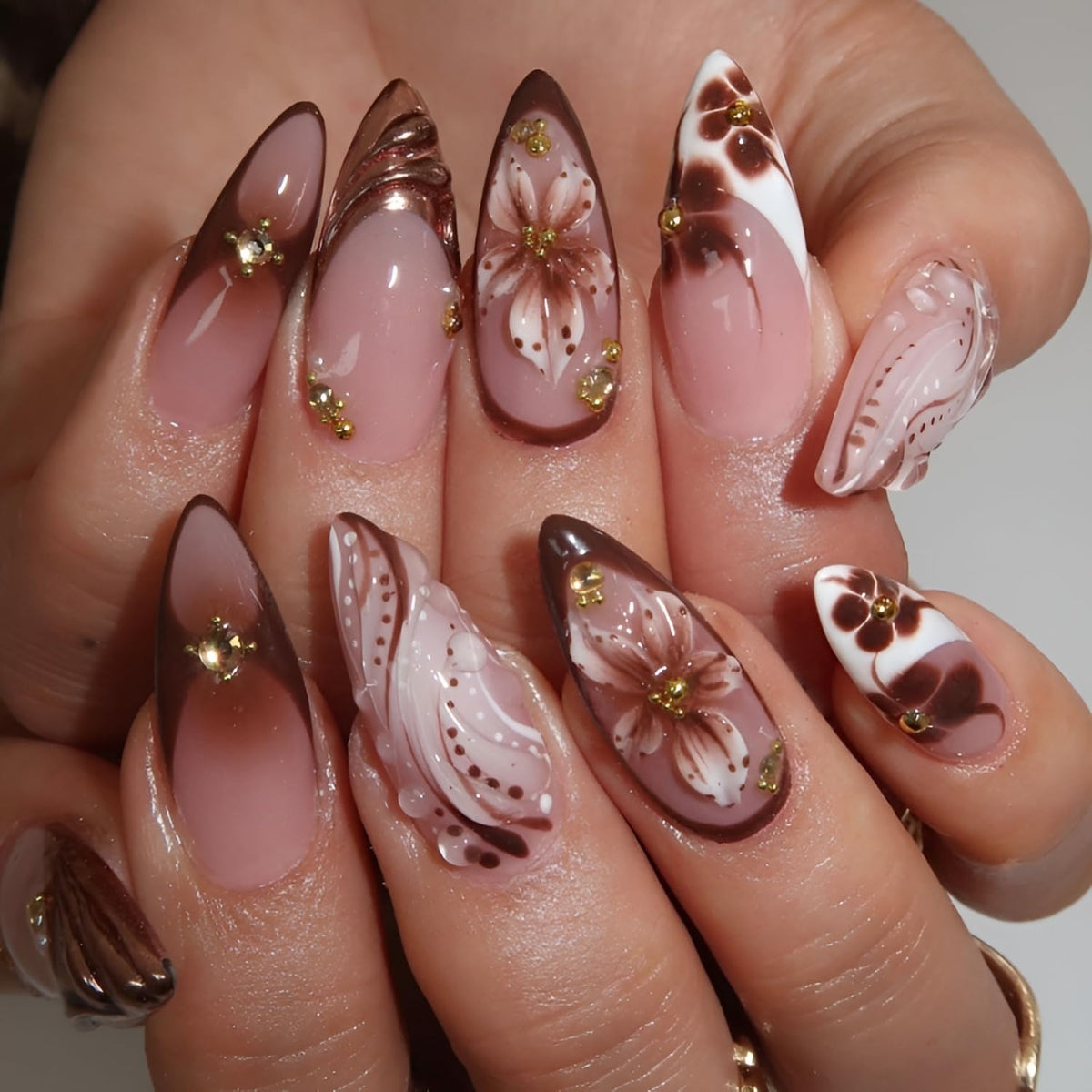 French Tip Press on Nails Medium Almond Fake Nails Brown Fall Nails Press Ons Brown Flower False Nails with Gold Rhinestones Design Glossy Glue on Nail Acrylic Stick on Nail for Women Set 24Pcs