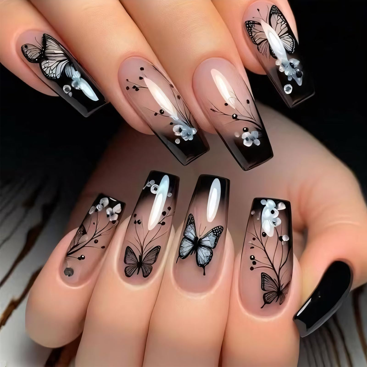 Purple Press On Nails Short Square Black Flowers Line Design Rhinestones