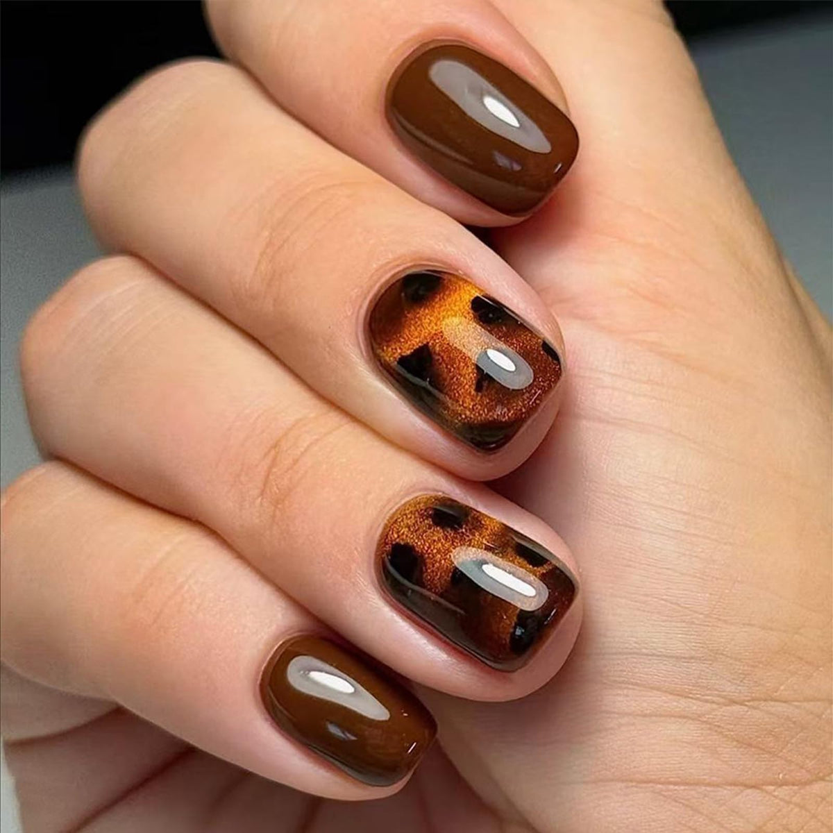 Leopard Press on Nails Medium Square Glossy Black Fake Nails