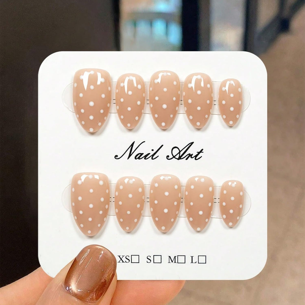 Handmade Press on Nails Short Almond Nude Polka Dot Glossy Reusable Fake Nails, Minimalist Beige Acrylic Press on Nails with White Dot Design for Women Girls 10 PCS(M)