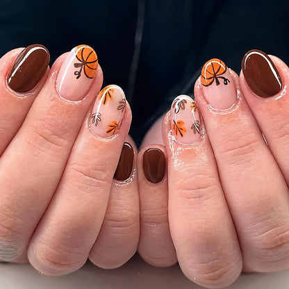 Fall Press on Nails Medium Almond, French Tip & Leopard Print