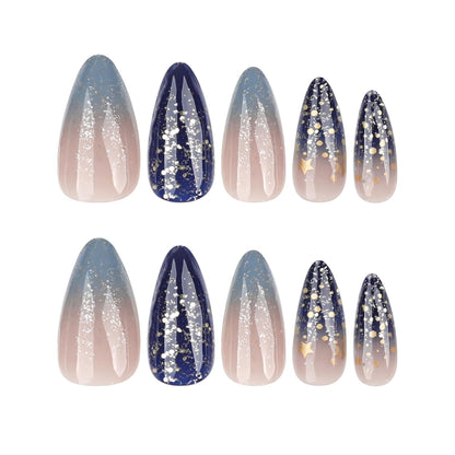 Spring Fake Acrylic Press On Nails – Starry Sky Designer False Nails Medium Almond, Salon Quality, Glossy Reusable Stick-On Nails for Weddings, Outdoor Picnics & Parties | Gift for Women