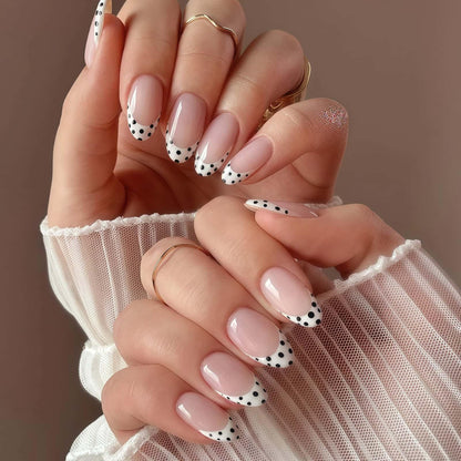 24PCS French Tip Press On Nails, Glossy Nude Square, Silver Edge
