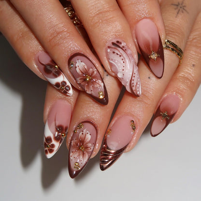 Dark Brown Tortoise Shell Press On Nails, Short Oval Fake Nails 24Pcs