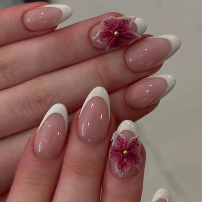 Fall Press on Nails Medium Almond French Tip, 30 Pcs Handmade 3D Flowers Gold Lines Embossed Designs, Glossy Nude Fake Nails, Reusable Glue On Nails, Full Cover Acrylic Nails for Women Brown
