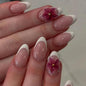 Fall Press on Nails Medium Almond French Tip, 30 Pcs Handmade 3D Flowers Gold Lines Embossed Designs, Glossy Nude Fake Nails, Reusable Glue On Nails, Full Cover Acrylic Nails for Women Brown
