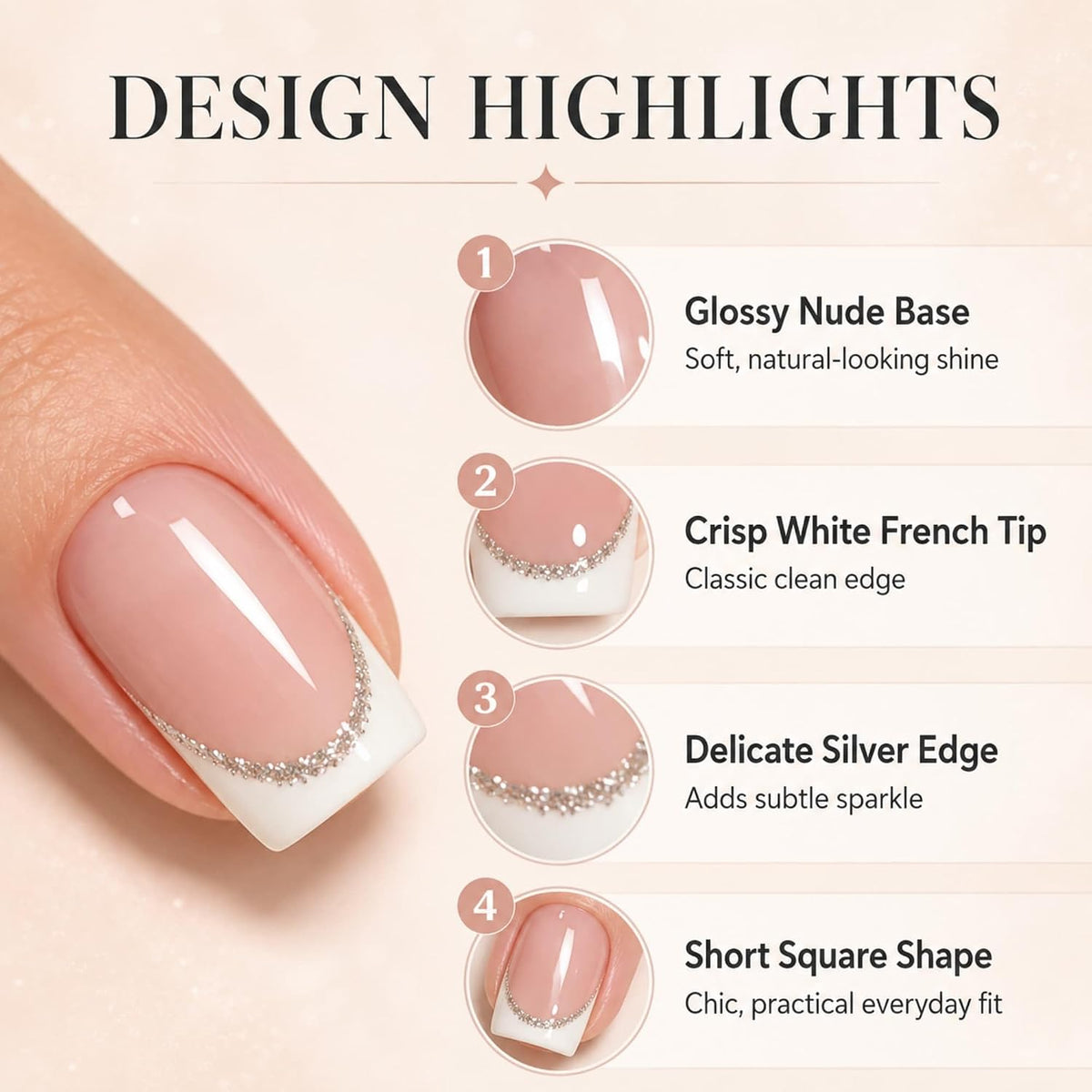 24PCS French Tip Press On Nails, Glossy Nude Square, Silver Edge
