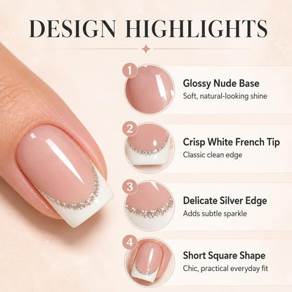 24PCS French Tip Press On Nails, Glossy Nude Square, Silver Edge