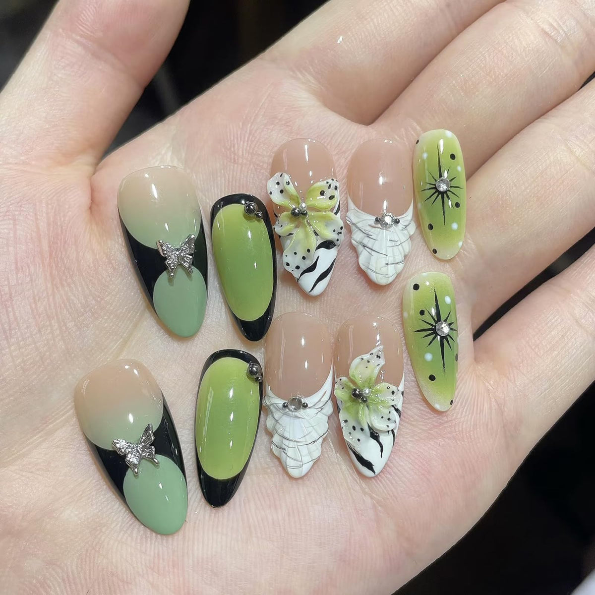 Fall Press on Nails Medium Almond French Tip, 30 Pcs Handmade 3D Flowers Gold Lines Embossed Designs, Glossy Nude Fake Nails, Reusable Glue On Nails, Full Cover Acrylic Nails for Women Brown