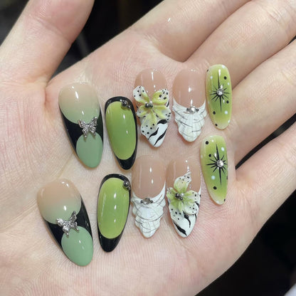 Fall Press on Nails Medium Almond French Tip, 30 Pcs Handmade 3D Flowers Gold Lines Embossed Designs, Glossy Nude Fake Nails, Reusable Glue On Nails, Full Cover Acrylic Nails for Women Brown