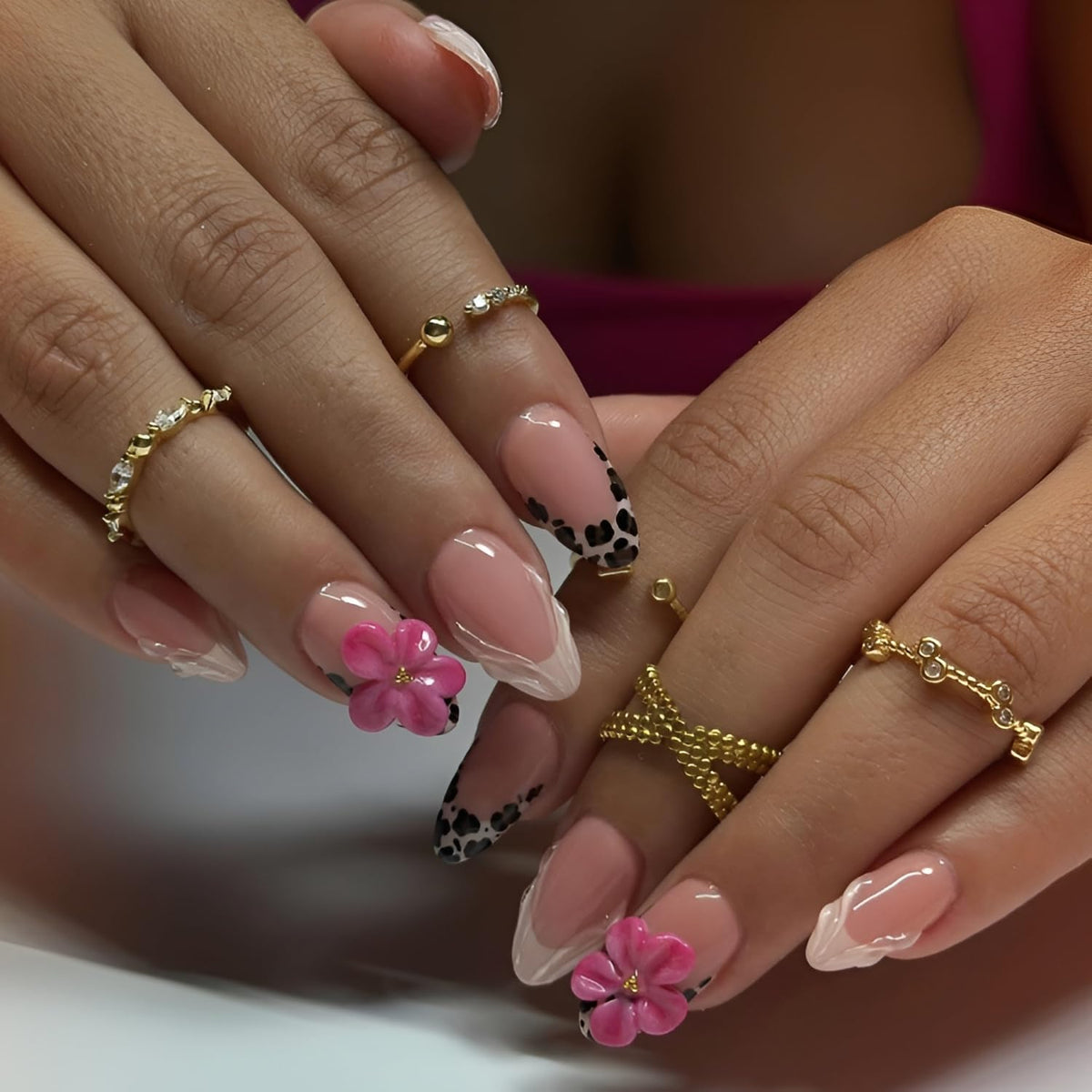 French Tip Press on Nails Medium Almond Fake Nails Brown Fall Nails Press Ons Brown Flower False Nails with Gold Rhinestones Design Glossy Glue on Nail Acrylic Stick on Nail for Women Set 24Pcs