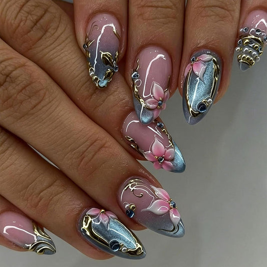 30Pcs French Tip Press on Nails Medium Almond Fake Nails with Cat Eye Flower Gilding Rhinestones Bead Designs Glossy Nails Press ons Pink Blue Gold Glue on Nails Acrylic Stick on Nails for Women