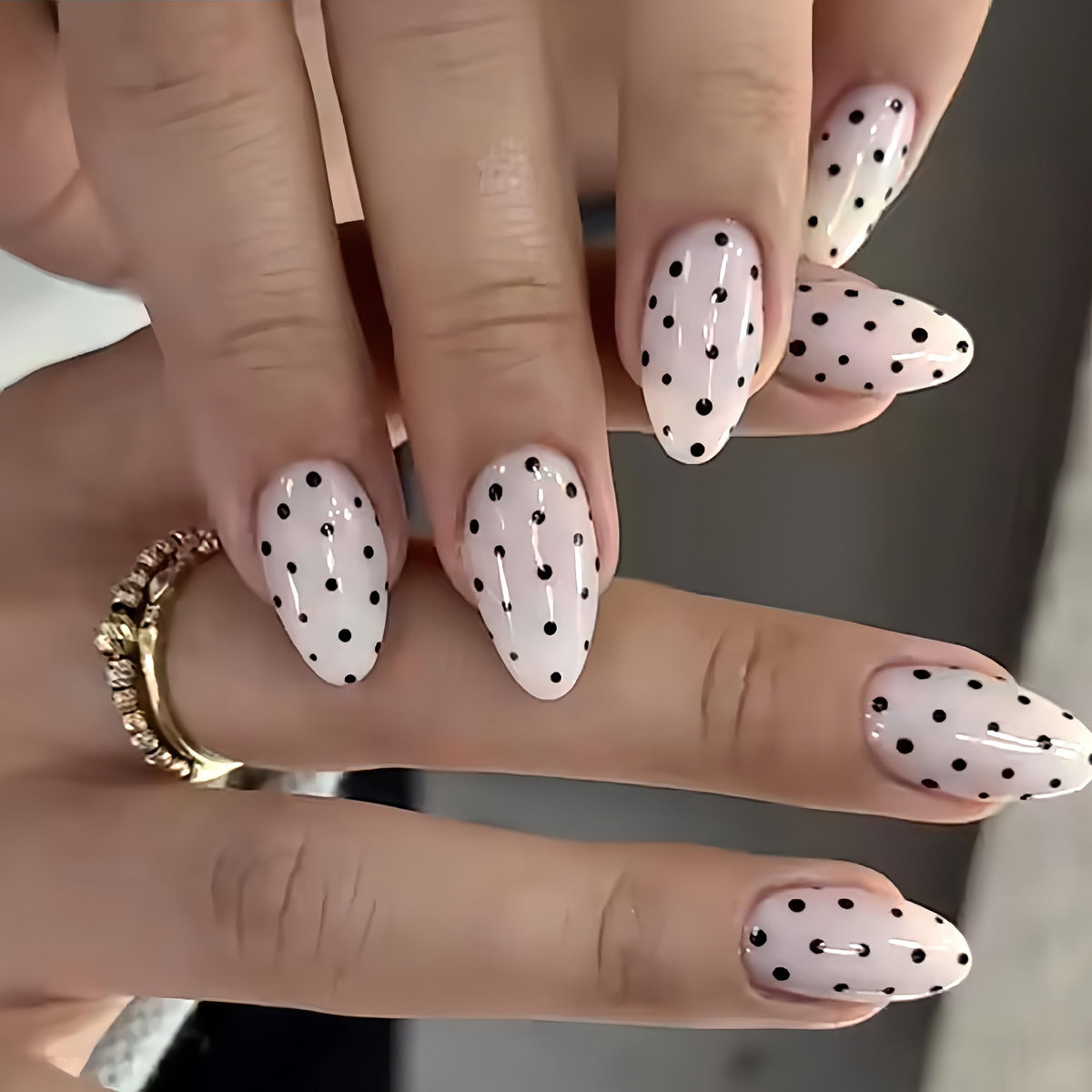 Fall Short Press On Nails Almond, Nude Fake Nails accented with golden glitter and Graceful White Floral Petal Design, Glossy Gel Finish Acrylic Nails, Natural Reusable Glue On Nails for Women