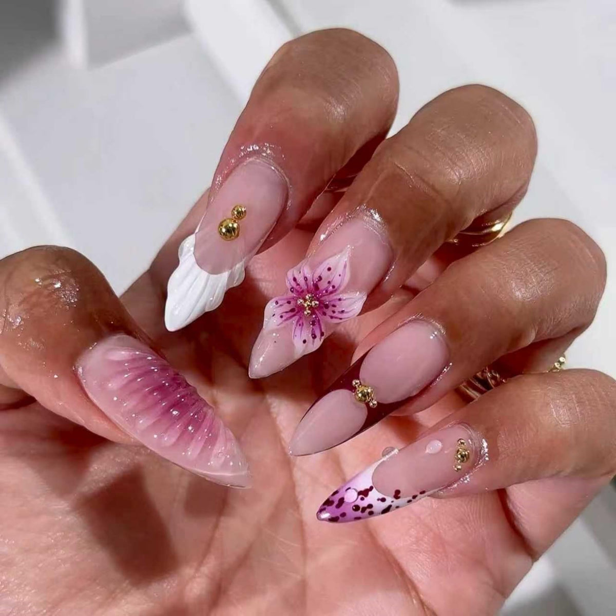 Long Press on Nails Almond Fake Nails Purple French Artificial Nail with 3D Flowers Designs Glitter Summer and Fall Cute Stick on Nail for Women 24pcs
