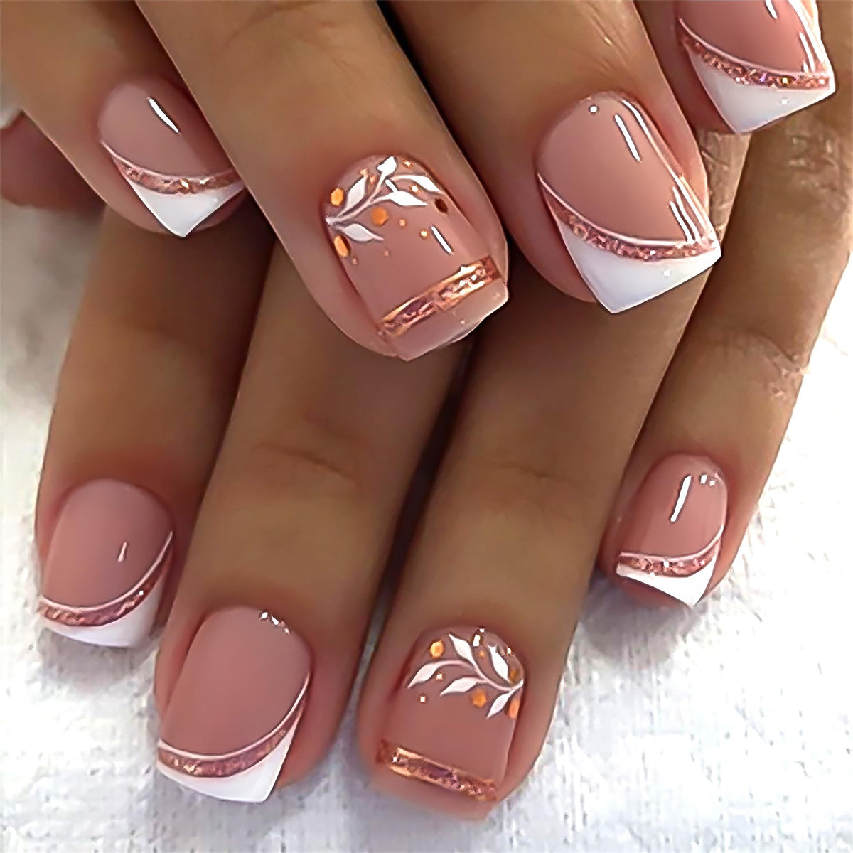 Fall Short Press On Nails Almond, Nude Fake Nails accented with golden glitter and Graceful White Floral Petal Design, Glossy Gel Finish Acrylic Nails, Natural Reusable Glue On Nails for Women