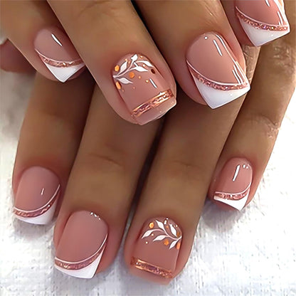 Fall Short Press On Nails Almond, Nude Fake Nails accented with golden glitter and Graceful White Floral Petal Design, Glossy Gel Finish Acrylic Nails, Natural Reusable Glue On Nails for Women