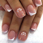 Fall Short Press On Nails Almond, Nude Fake Nails accented with golden glitter and Graceful White Floral Petal Design, Glossy Gel Finish Acrylic Nails, Natural Reusable Glue On Nails for Women