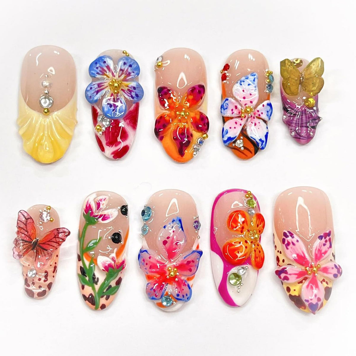 30Pcs Pink Flower Press on Nails Medium Almond Fake Nails Peach Blossom with 3D Rhinestones Pearl Gold Glitter Design Artificial Cute Cat Nails Stick on Nails Spring False Nails for Women Acrylic Nail