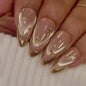French Tip Press on Nails Almond Medium Fake Nails with Cat Eye Stars Designs Nails Press ons Gold Nude Glue on Nails Natural Artificial Nails Cute Stick on Nails for Women 24Pcs