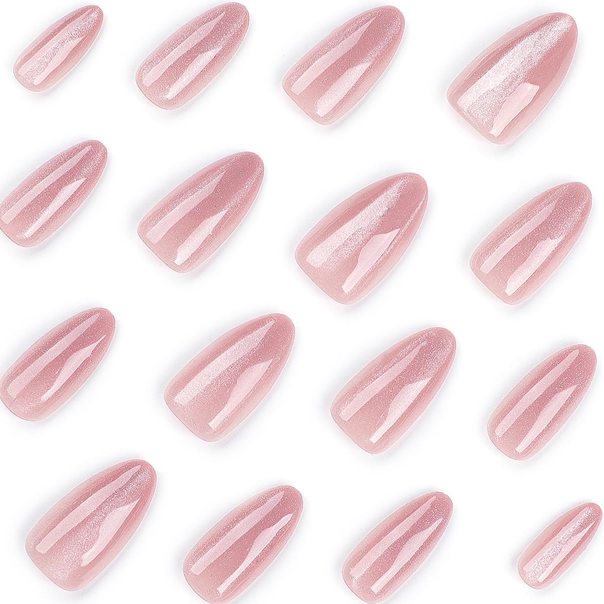 24Pcs Nail Press ons, Medium Press On Nails Almond Nude Pink Fake Nails with Cat's Eye Glossy High-end Design, Acrylic Artificial False Stick On Nails for Women Girls