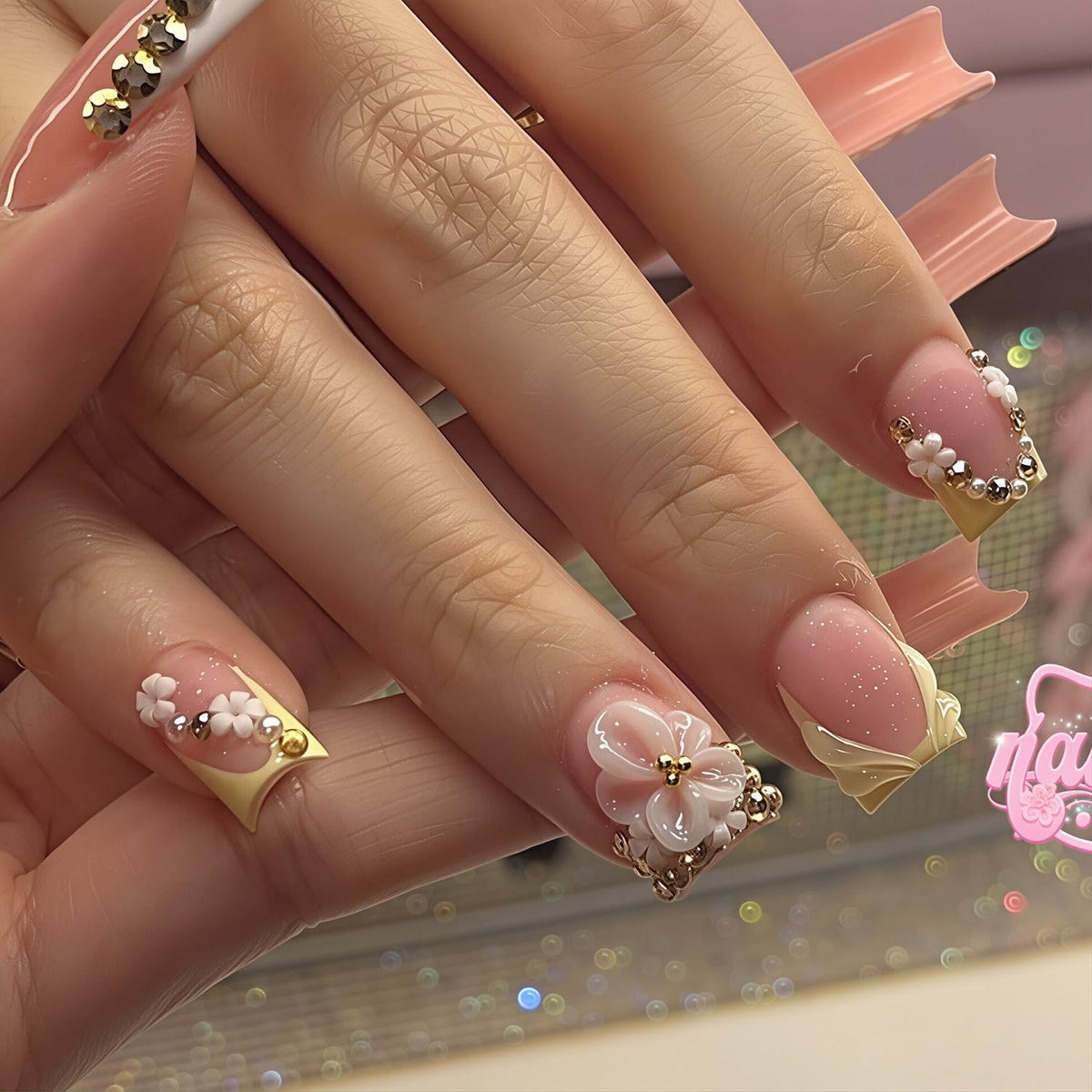 30Pcs Pink Press on Nails Medium Almond Fake Nails with 3D Flowers Pearl Designs Gold Flower False Nails Pink Gradient Acrylic Nail Tips Peach Blossoms Full Cover Stick on Nails for Women