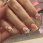 30Pcs Pink Press on Nails Medium Almond Fake Nails with 3D Flowers Pearl Designs Gold Flower False Nails Pink Gradient Acrylic Nail Tips Peach Blossoms Full Cover Stick on Nails for Women