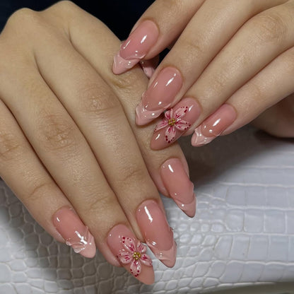 Spring Press On Nails French Fake Nails Medium Almond False Nails With Flower Pearl Designs Acrylic Nail Press Ons Full Cover Glue On Nails Glossy Stick On Nails For Women Manicure 24Pcs