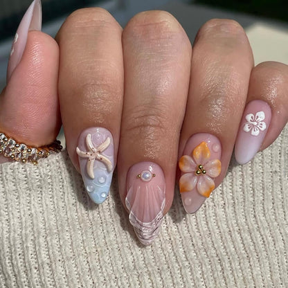 30Pcs Pink Press on Nails Medium Almond Fake Nails with 3D Flowers Pearl Designs Gold Flower False Nails Pink Gradient Acrylic Nail Tips Peach Blossoms Full Cover Stick on Nails for Women