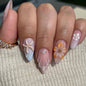 30Pcs Pink Press on Nails Medium Almond Fake Nails with 3D Flowers Pearl Designs Gold Flower False Nails Pink Gradient Acrylic Nail Tips Peach Blossoms Full Cover Stick on Nails for Women