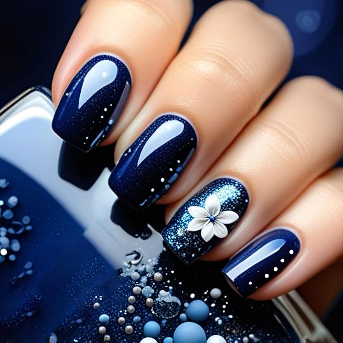 Purple Press On Nails Short Square Black Flowers Line Design Rhinestones