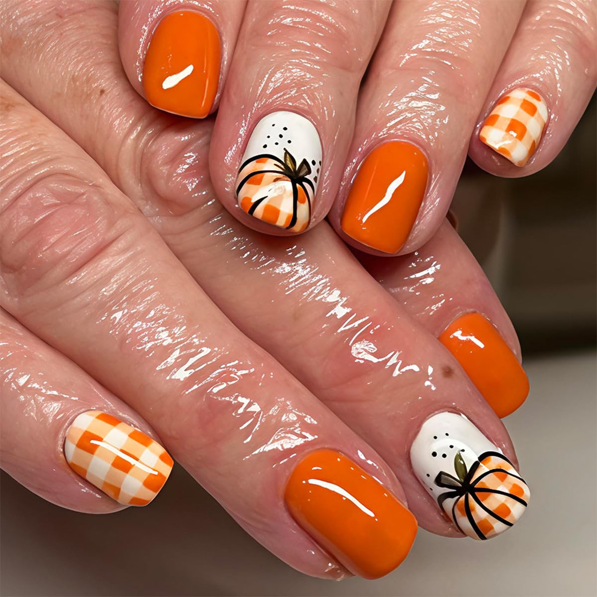 French Tip Press on Nails Short Almond Nude Fake Nails Press on with Polka Dot Design Stripe False Nails Glossy Full Cover Summer Nails for Women 24Pcs