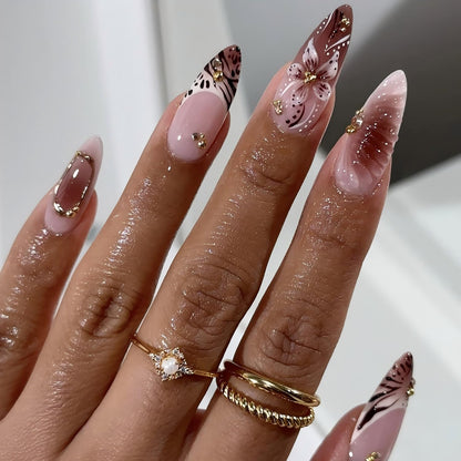 Medium Press On Nails Almond Fake Nails French Tip Nails Press Ons With Leopard Print Designs 3D Bow False Nails Artificial Acrylic Glue On Nail Glossy Stick On Nail For Women Girls