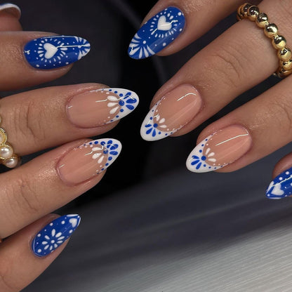 Spring Fake Acrylic Press On Nails – Starry Sky Designer False Nails Medium Almond, Salon Quality, Glossy Reusable Stick-On Nails for Weddings, Outdoor Picnics & Parties | Gift for Women