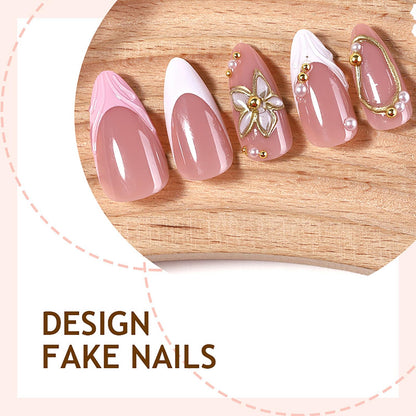 Spring Press On Nails French Fake Nails Medium Almond False Nails With Flower Pearl Designs Acrylic Nail Press Ons Full Cover Glue On Nails Glossy Stick On Nails For Women Manicure 24Pcs