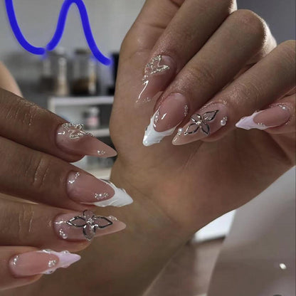 Fall Press on Nails Medium Almond French Tip, 30 Pcs Handmade 3D Flowers Gold Lines Embossed Designs, Glossy Nude Fake Nails, Reusable Glue On Nails, Full Cover Acrylic Nails for Women Brown