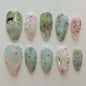 30Pcs Pink Flower Press on Nails Medium Almond Fake Nails Peach Blossom with 3D Rhinestones Pearl Gold Glitter Design Artificial Cute Cat Nails Stick on Nails Spring False Nails for Women Acrylic Nail