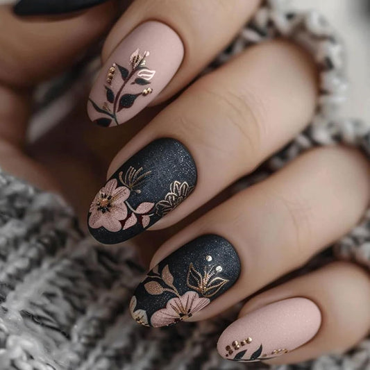 Matte Black Press On Nails Medium Oval with Pink Floral & Gold Fall leaves
