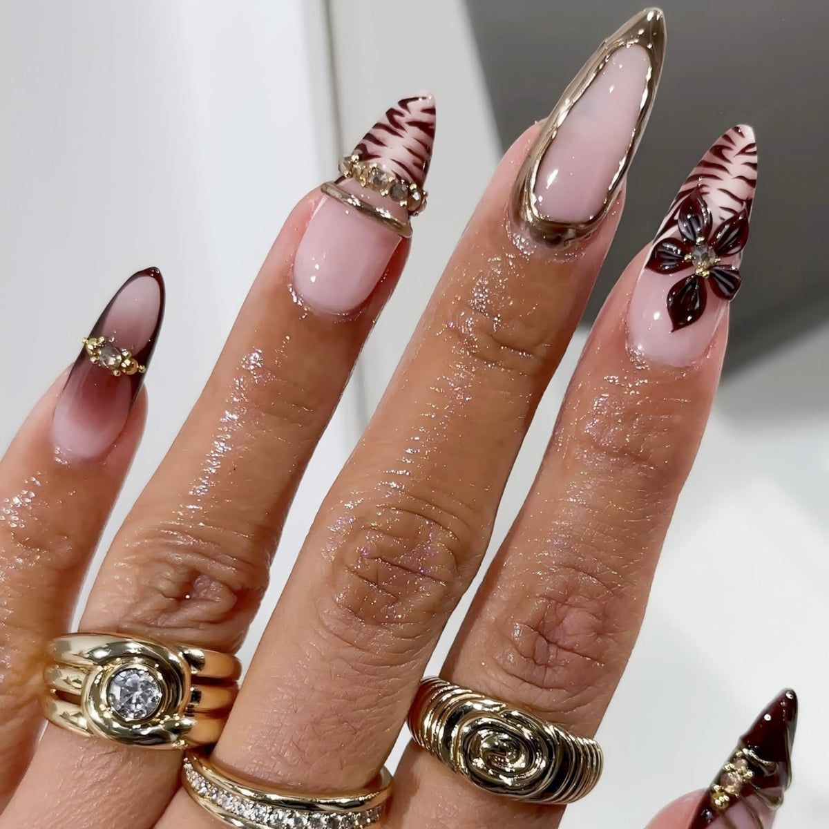 Long Press on Nails Almond Fake Nails Purple French Artificial Nail with 3D Flowers Designs Glitter Summer and Fall Cute Stick on Nail for Women 24pcs