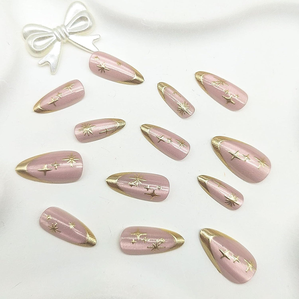French Tip Press on Nails Almond Medium Fake Nails with Cat Eye Stars Designs Nails Press ons Gold Nude Glue on Nails Natural Artificial Nails Cute Stick on Nails for Women 24Pcs