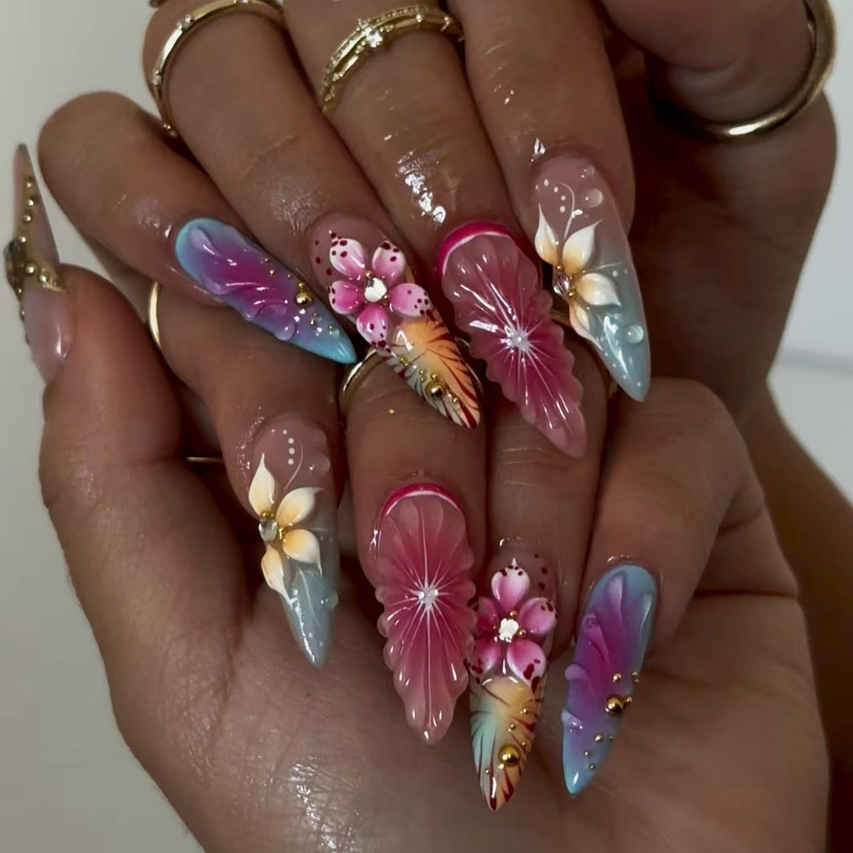Long Press on Nails Almond Fake Nails Purple French Artificial Nail with 3D Flowers Designs Glitter Summer and Fall Cute Stick on Nail for Women 24pcs