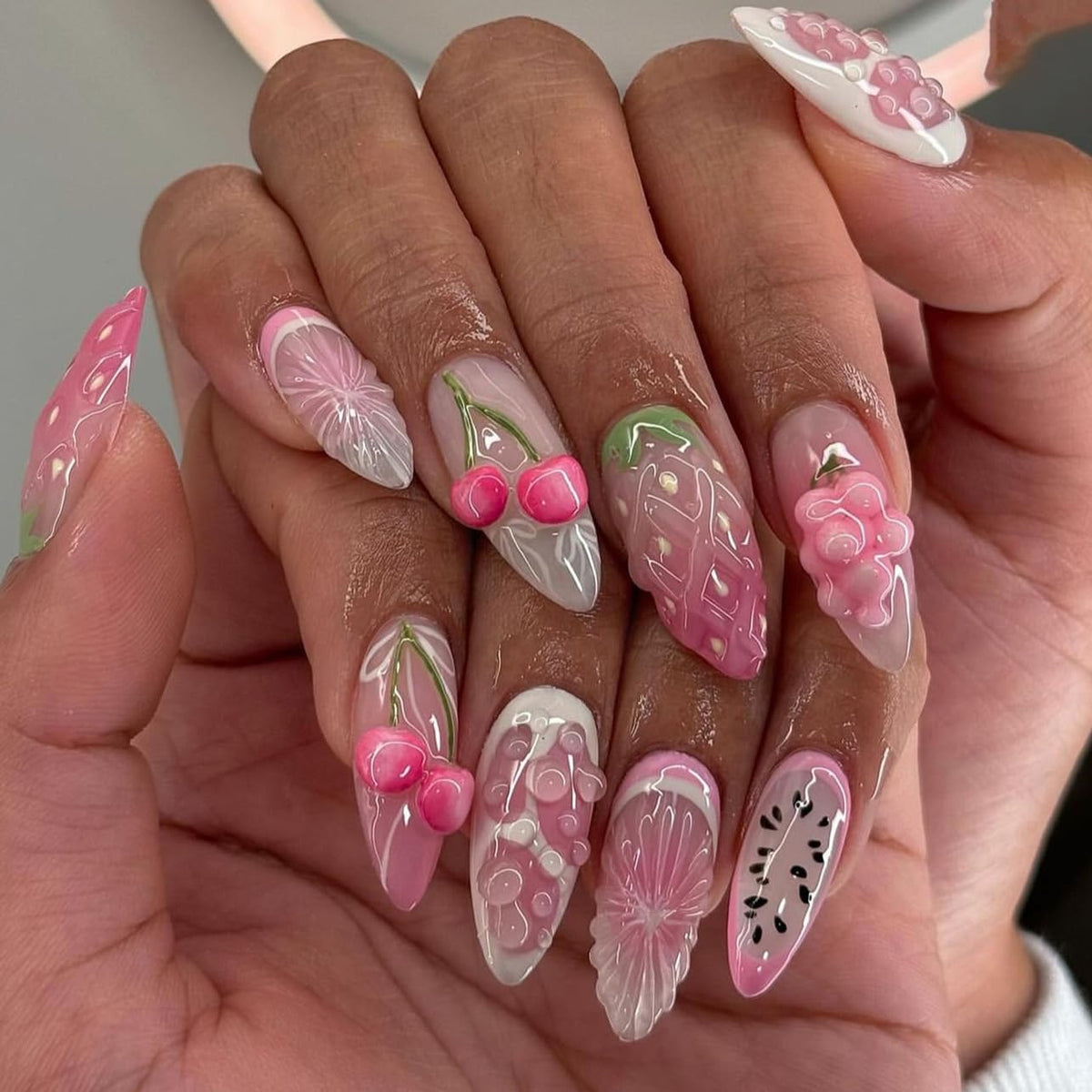 Spring Fake Acrylic Press On Nails – Starry Sky Designer False Nails Medium Almond, Salon Quality, Glossy Reusable Stick-On Nails for Weddings, Outdoor Picnics & Parties | Gift for Women