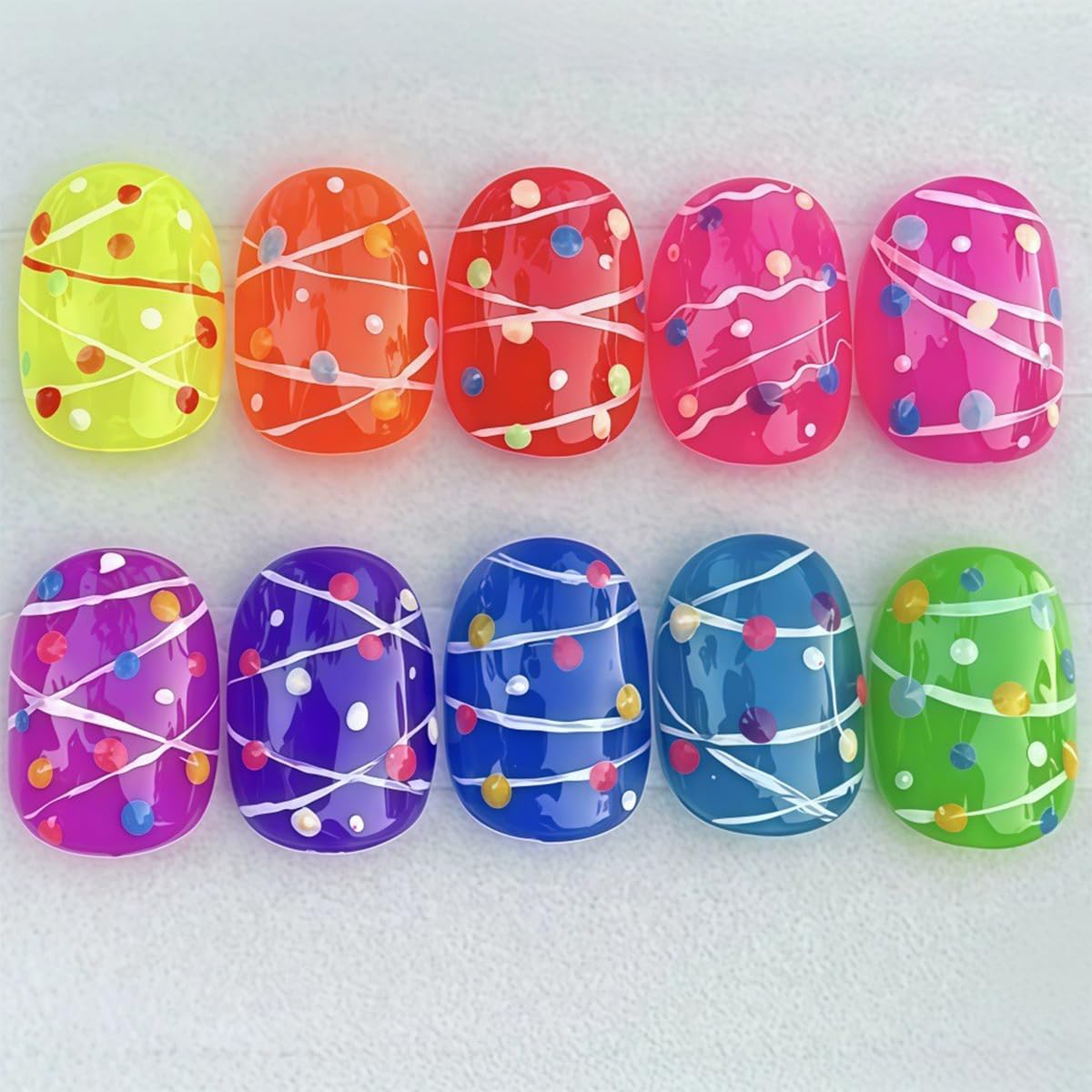 French Tip Press on Nails Short Almond Nude Fake Nails Press on with Polka Dot Design Stripe False Nails Glossy Full Cover Summer Nails for Women 24Pcs