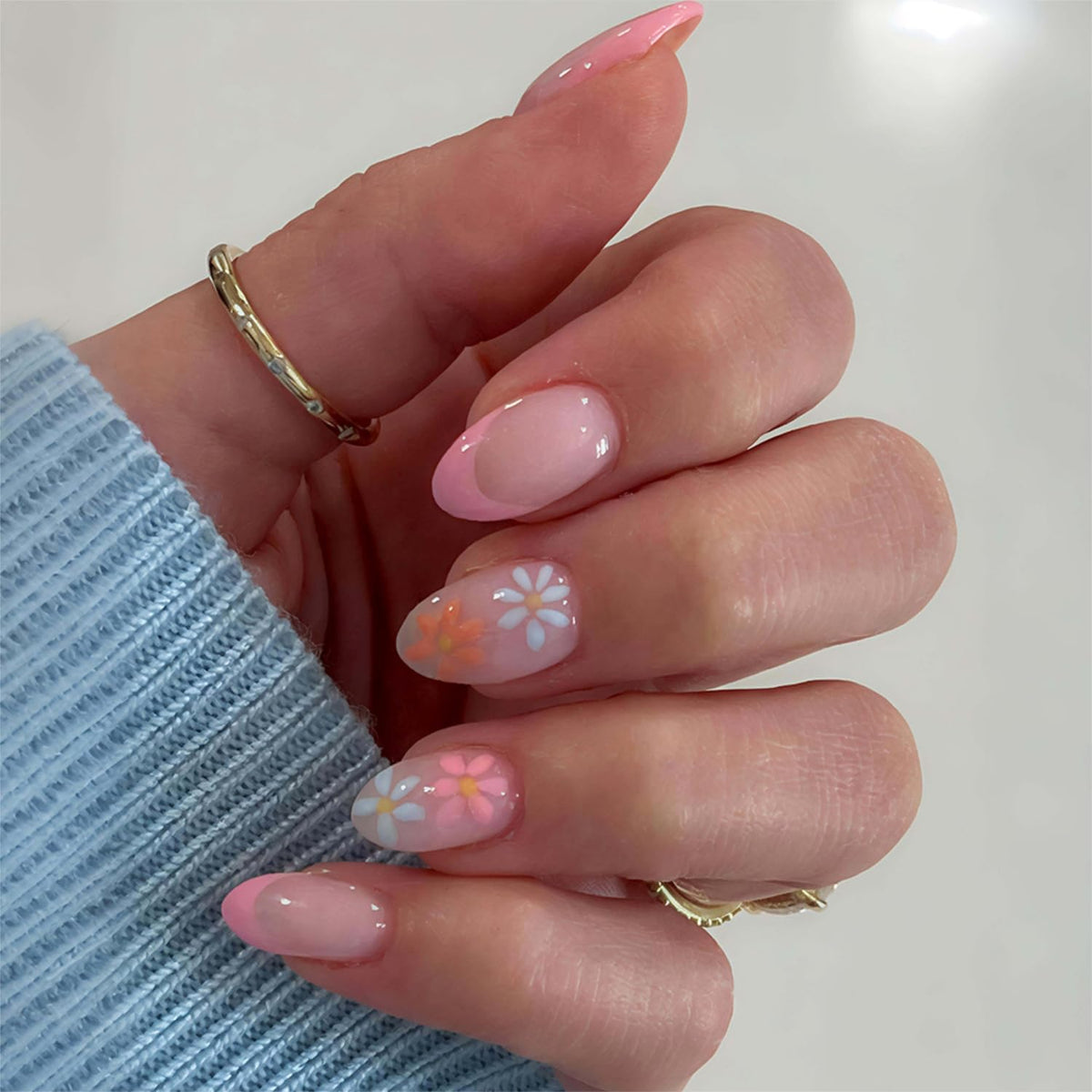 Almond Press on Nails Medium French Tip Fall Fake Nails with Brown Leopard Design Acrylic Nails Glossy False Nails Press ons Full Cover Glue on Nails for Women Manicure 24Pcs