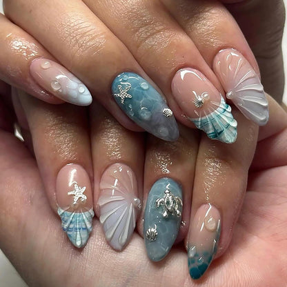 Spring Press On Nails French Fake Nails Medium Almond False Nails With Flower Pearl Designs Acrylic Nail Press Ons Full Cover Glue On Nails Glossy Stick On Nails For Women Manicure 24Pcs