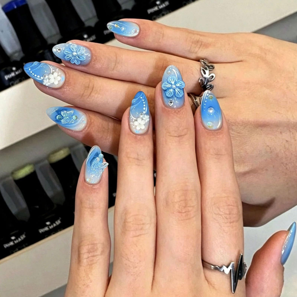 French Tip Press on Nails Almond Medium Fake Nails with Cat Eye Stars Designs Nails Press ons Gold Nude Glue on Nails Natural Artificial Nails Cute Stick on Nails for Women 24Pcs