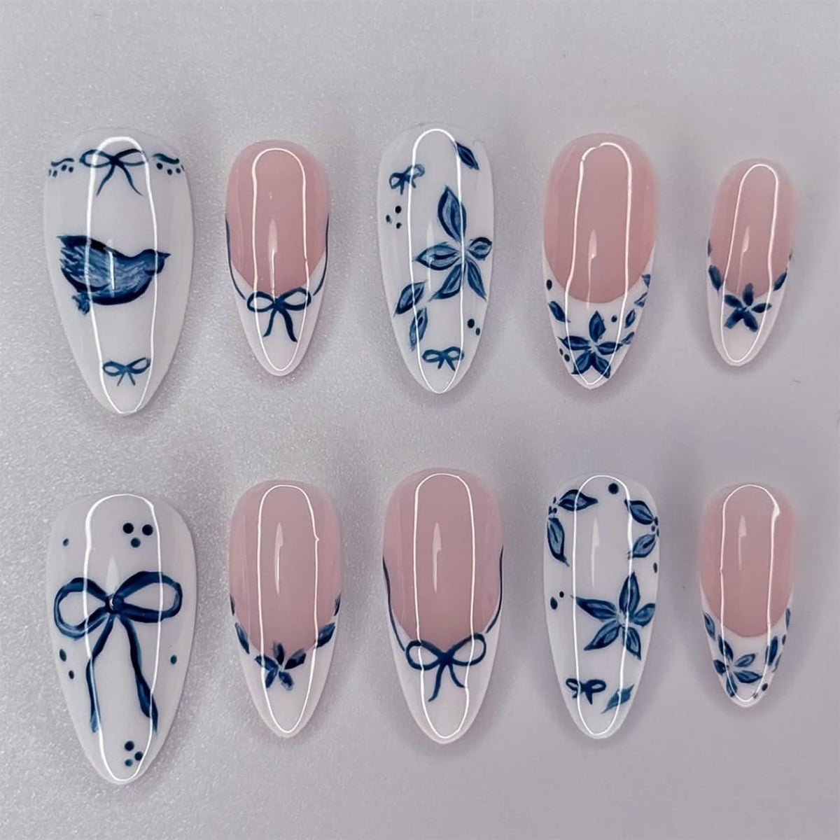 30Pcs Pink Flower Press on Nails Medium Almond Fake Nails Peach Blossom with 3D Rhinestones Pearl Gold Glitter Design Artificial Cute Cat Nails Stick on Nails Spring False Nails for Women Acrylic Nail