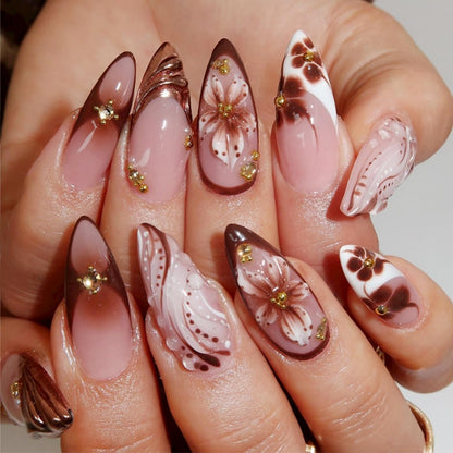 Almond Press on Nails Medium French Tip Fall Fake Nails with Brown Leopard Design Acrylic Nails Glossy False Nails Press ons Full Cover Glue on Nails for Women Manicure 24Pcs